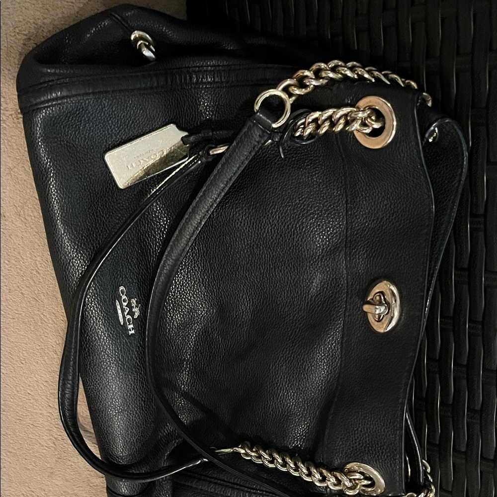 Coach Black Leather Shoulder Bag with Gold Chain